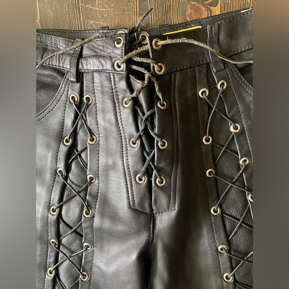 Ashy Black Cowhide Leather Lace Up Biker Pants. - Picture 3 of 6